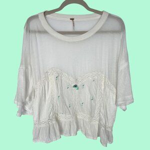 Free People Sheer Cotton Lace Floral Embroidered Cropped Top Size L
